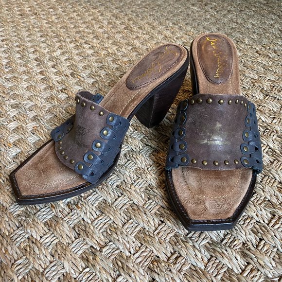 SAM EDELMAN Golden Eagle Woven Leather Mules Stacked Heel Sandals Square Toe 9.5 - Picture 2 of 5